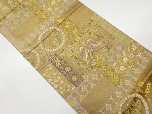 手織り引箔向かい鳥・狩猟人物に草花模様織出し袋帯